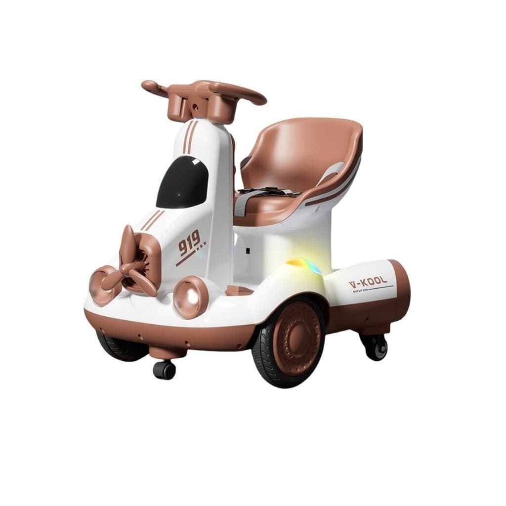 Masinuta Electrica, Flippy, pe 4 Roti, cu Telecomanda, Lumini Led si Muzica, +2 ani, Inaltime Reglabila, Maro