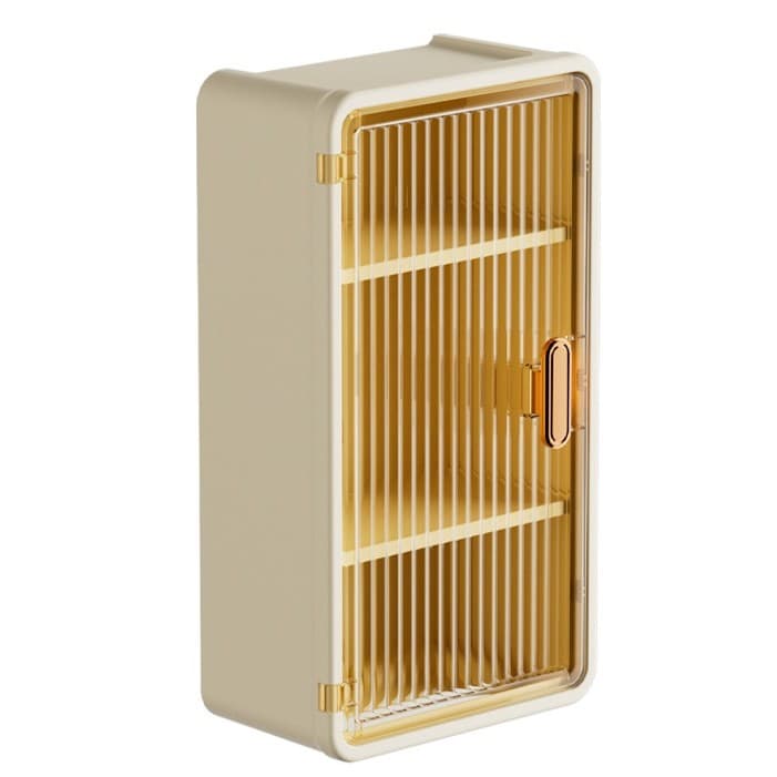 Organizator Cosmetice, Flippy, Montare pe Perete fara Perforare, 36.5x10.9x20 cm, cu 3 Rafturi, din PP si ABS, Bej, Usa