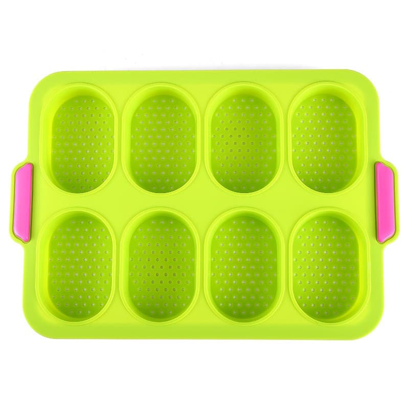 Forme de Silicon pentru Copt, Flippy, 8 Forme Ovale, pentru Paine si Prajituri, 34.5 x 23.8 x 2.5 cm, Verde/Roz