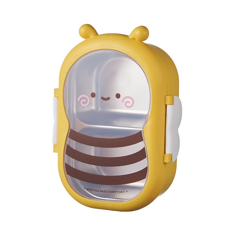Cutie pentru Pranz, Flippy, din PP si Otel Inoxidabil, Model Albina, 2 Compartimente, 301-500 ml, Galben