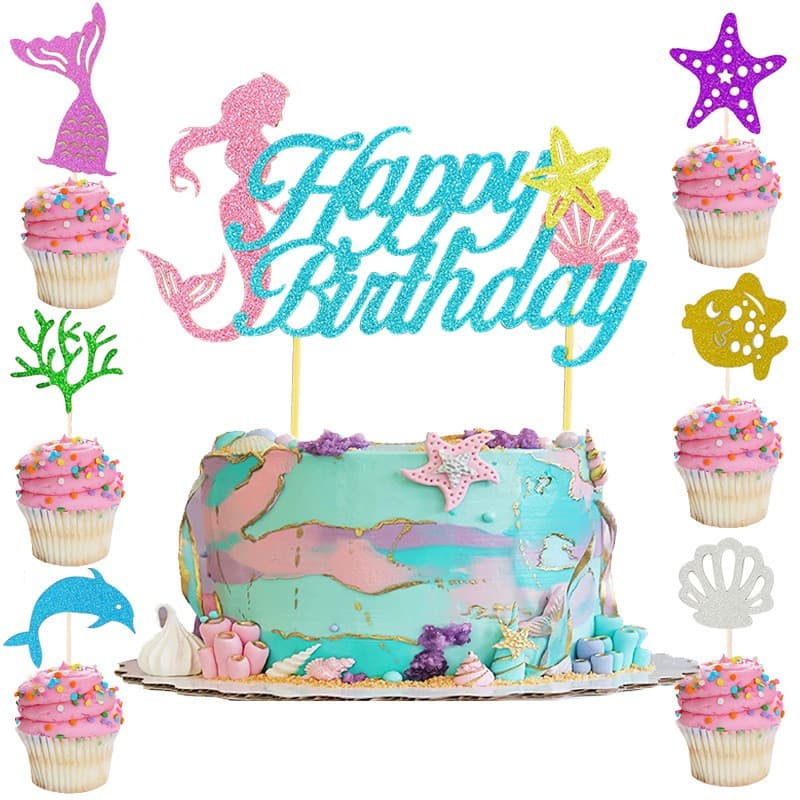 Set Toppere pentru Tort si Prajituri, Flippy, Tematica Sirena, Model Mare Scris Happy Birthday 16.5x8.2 cm, 6 Toppere Mici