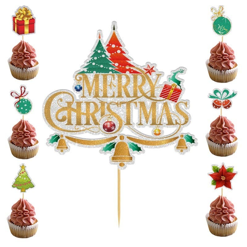 Set Toppere pentru Tort si Prajituri, Flippy, Tematica Craciun, Model Mare Scris Merry Christmas 15.5x14.3 cm, 6 Toppere Mici Modele Variate 5x5 cm, Multicolor