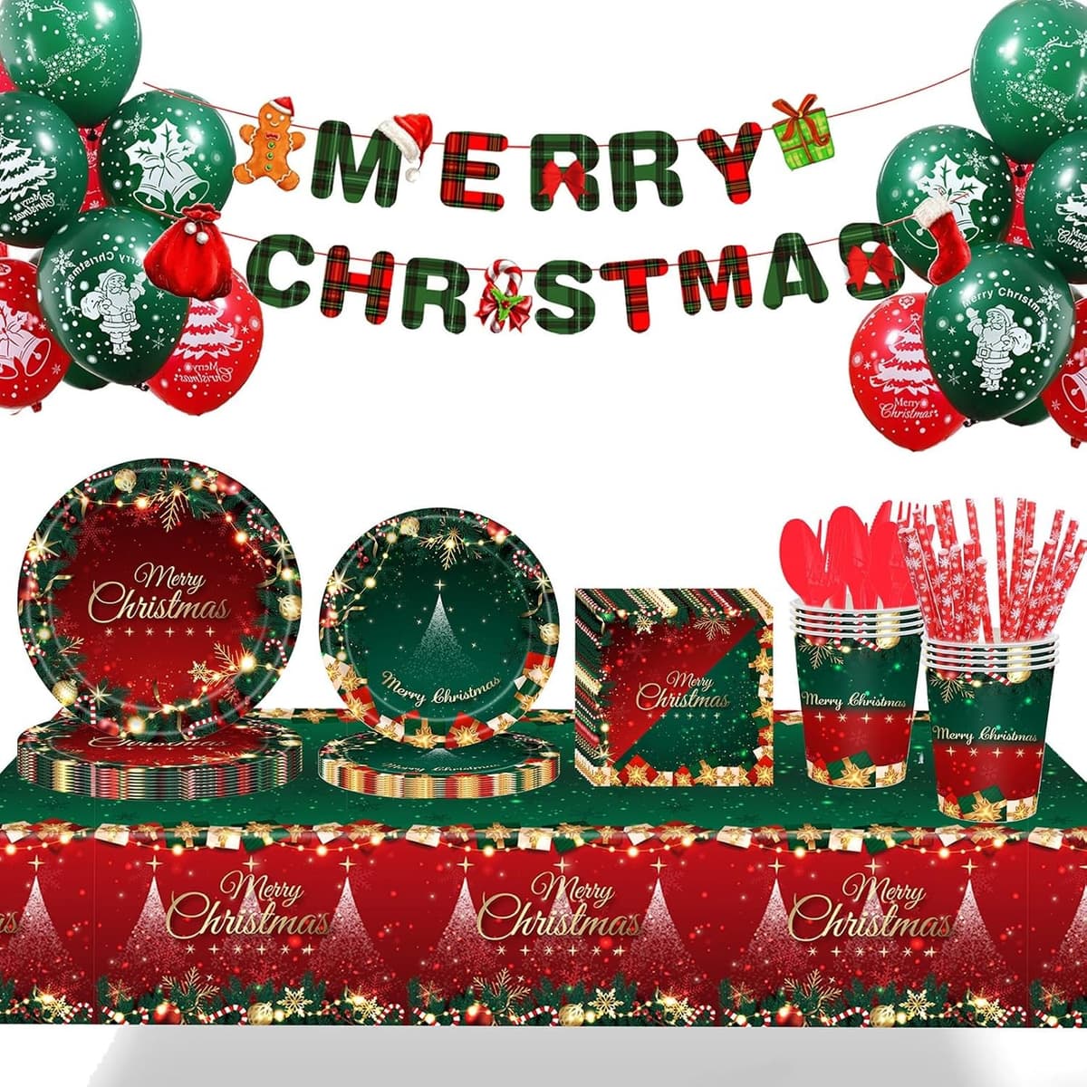 Set 119 Piese, Flippy, pentru Masa de Craciun, Farfurii 18 cm, Farfurii 23 cm, Pahare, Servetele, Tacamuri, Fata de Masa