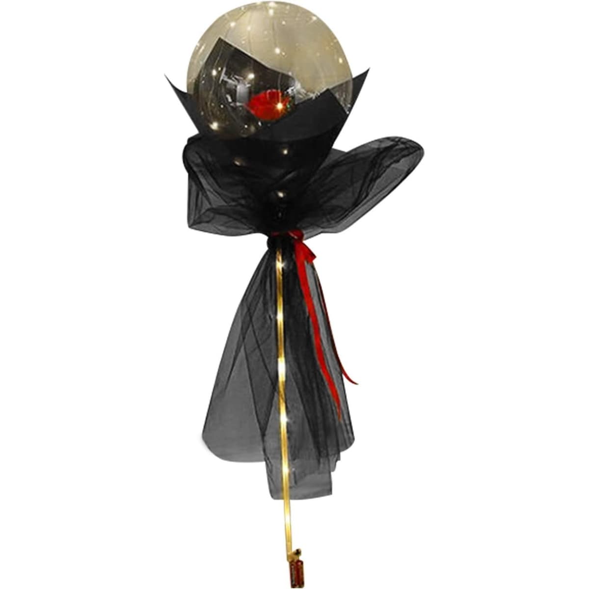 Set Buchet Decorativ, Flippy, Trandafir in Balon cu Lumini Led, Diametru 35 cm, 2 x Baterii AA (neincluse), Rosu/Negru