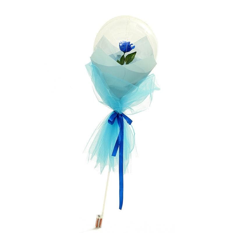 Buchet Decorativ, Flippy, Trandafir in Balon cu Lumini Led, Diametru 35 cm, 2 x Baterii AA (neincluse), Albastru/Alb