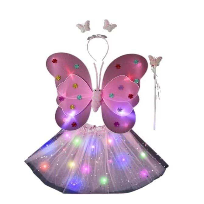 Costum Fluturas cu Aripi Modelabile Luminoase pentru Copii, Flippy, Fusta din Tul cu Lumini, Bagheta si Bentita, 4 piese