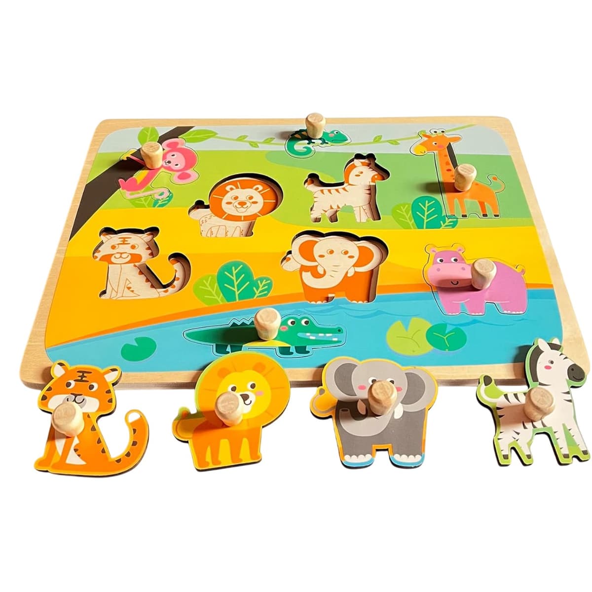 Puzzle Montessori din Lemn pentru Copii, Flippy, 0-3 Ani, Model Animale din Jungla, Educativ, Intuitiv, Creativ, 9 Piese