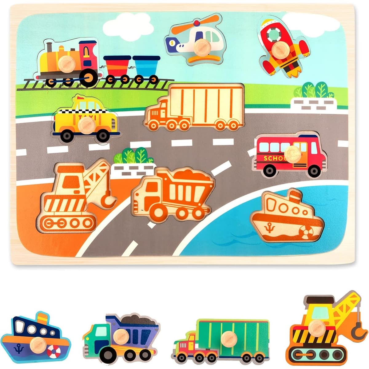 Puzzle Montessori din Lemn pentru Copii, Flippy, 0-3 Ani, 3D, Model Transporturi, Educativ, Intuitiv, Creativ, 9 Piese