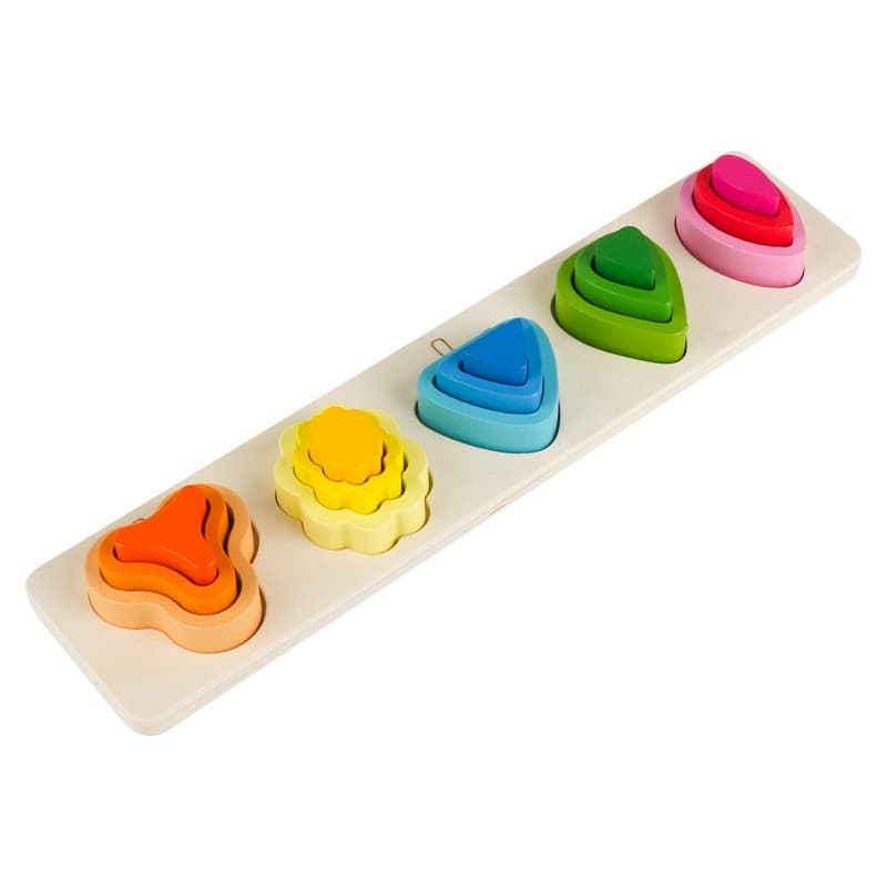 Jucarie Montessori din Lemn, Flippy, Tip Puzzle, cu 5 Forme Asimetrice, 15 Piese, Educativa, Interactiva, Creativa, Model