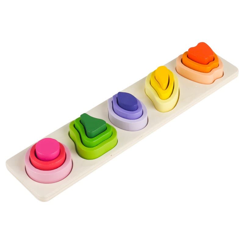 Jucarie Montessori din Lemn, Flippy, Tip Puzzle, cu 5 Forme Asimetrice, 15 Piese, Model Fructe, Educativa, Interactiva