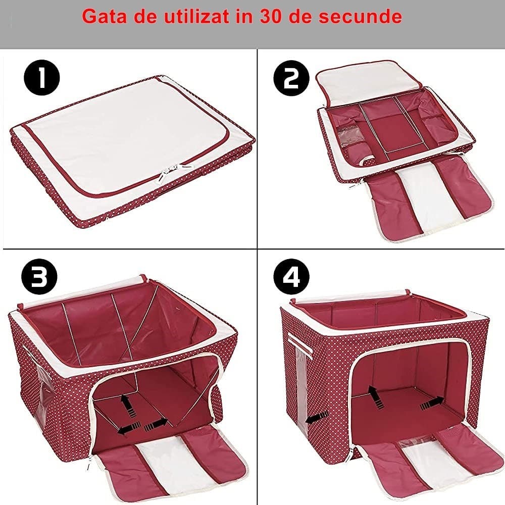 Cutie de Depozitare Pliabila, Flippy, cu Fermoar, 100 L, Textil, 60x42x40 cm, O Fereastra, Cadru Metalic, Suport Baza Stabil