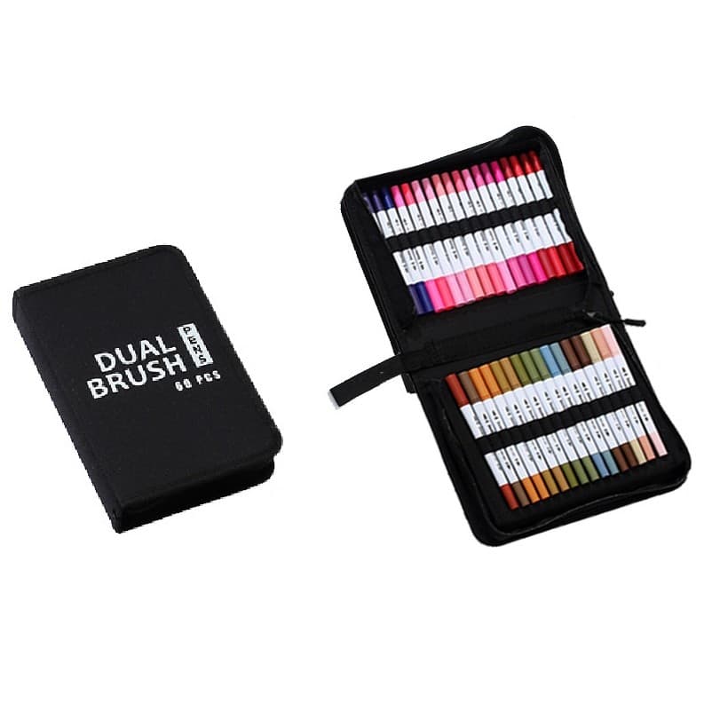 Set Carioci pe Baza de Apa, Flippy, 2 in 1, pentru Pictura, Caligrafie, 60 Culori, Penar Negru, Corp Carioca Alb, 26.5 x