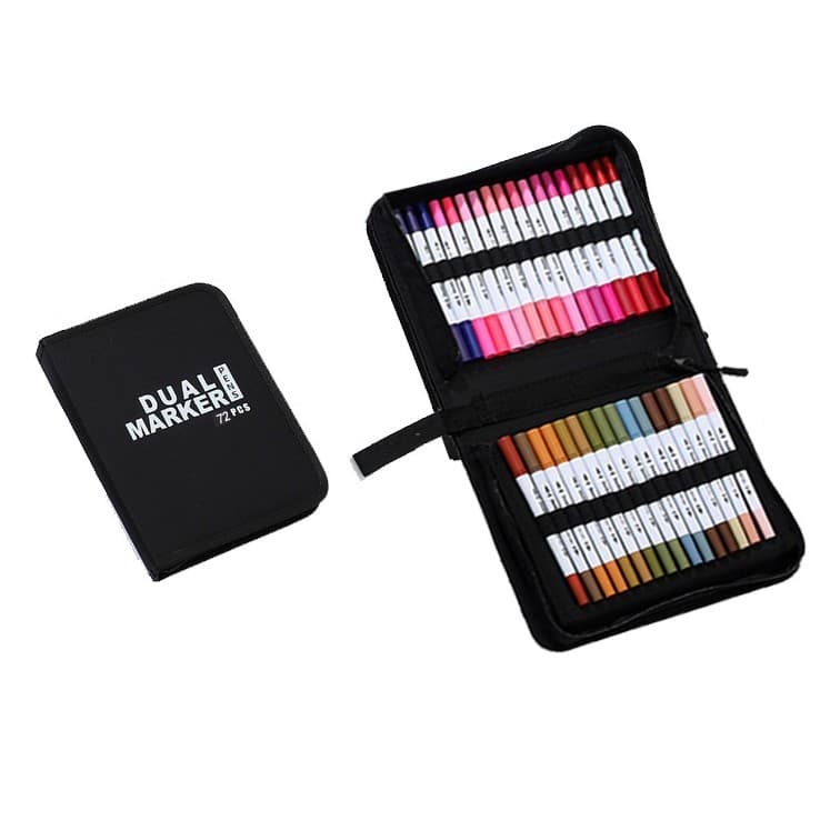 Set Carioci pe Baza de Apa, Flippy, 2 in 1, pentru Pictura, Caligrafie, 72 Culori, Penar Negru, Corp Carioca Alb, 24.5 x