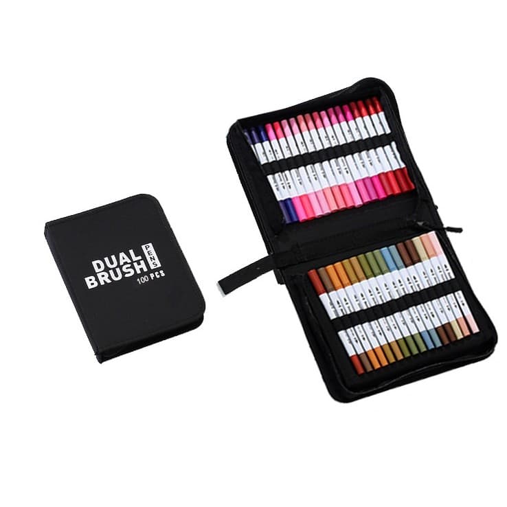 Set Carioci pe Baza de Apa, Flippy, 2 in 1, pentru Pictura, Caligrafie, 100 Culori, Penar Negru, Corp Carioca Alb, 23.5 x