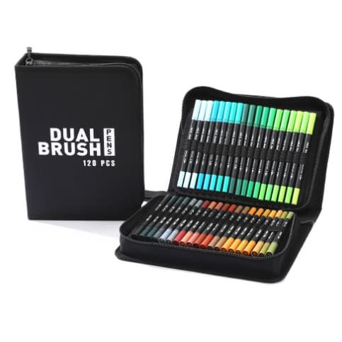 Set Carioci pe Baza de Apa, Flippy, 2 in 1, pentru Pictura, Caligrafie, 120 Culori, Penar Negru, Corp Carioca Negru, 27.5 x