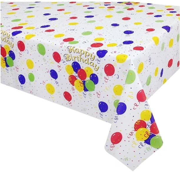Fata de Masa, Flippy, din PEVA, Imprimeu Happy Birthday cu Baloane, 137 x 274 cm, Impermeabila, Fara Pete, Curatare Rapida