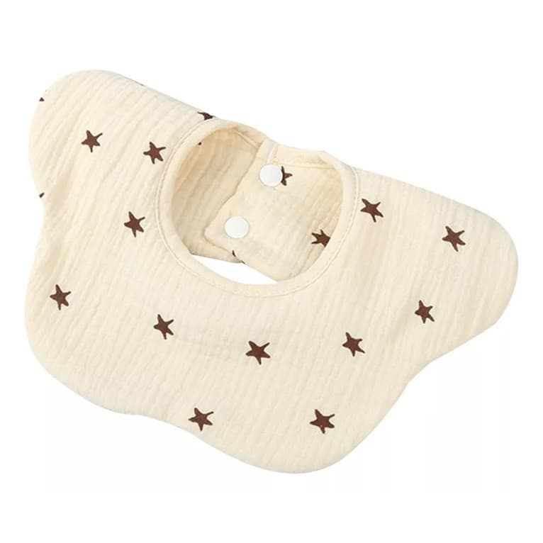 Baveta Tip Floare, Flippy, din Bumbac, pentru Copii 0-12 Luni, Rezistenta la apa, cu Capse, Model cu Stelute, 26 x 29 cm, Crem