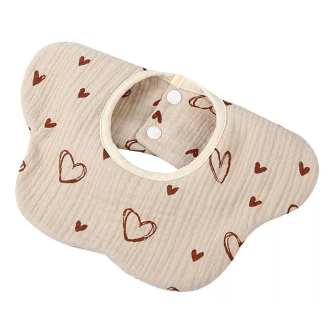 Baveta Tip Floare, Flippy, din Bumbac, pentru Copii 0-12 Luni, Rezistenta la apa, cu Capse, Model cu Inimioare, 26 x 29 cm, Crem