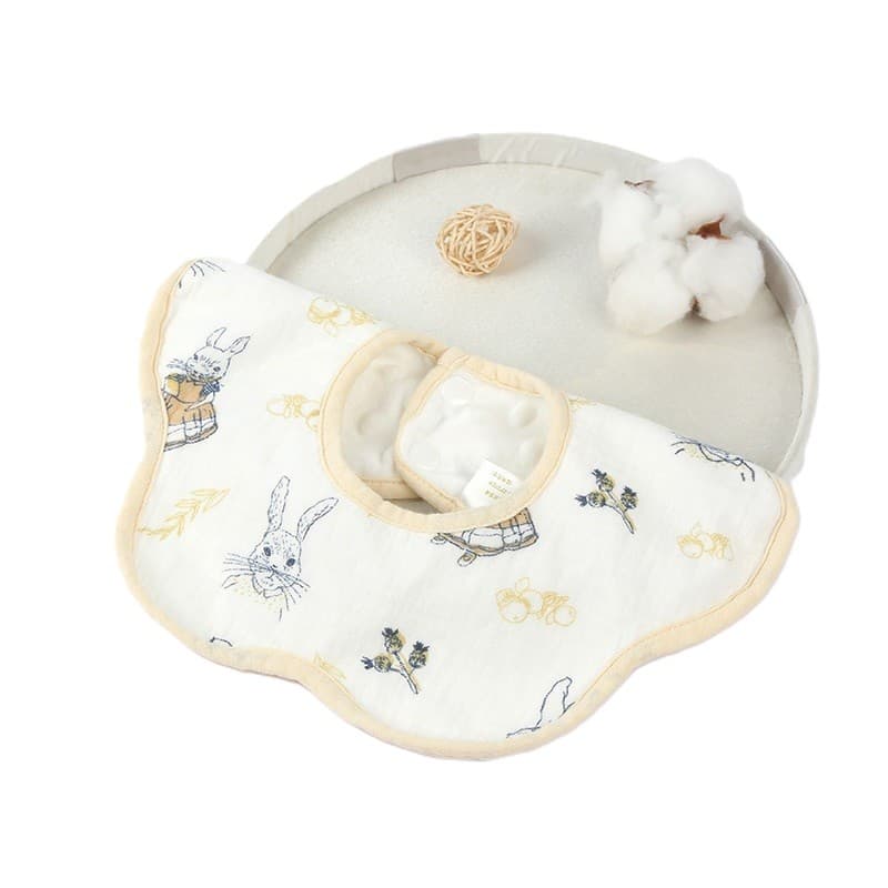 Baveta Tip Floare, Flippy, din Bumbac, pentru Copii 0-12 Luni, Rezistenta la apa, cu Capse, Model cu Iepurasi, 26 x 29 cm