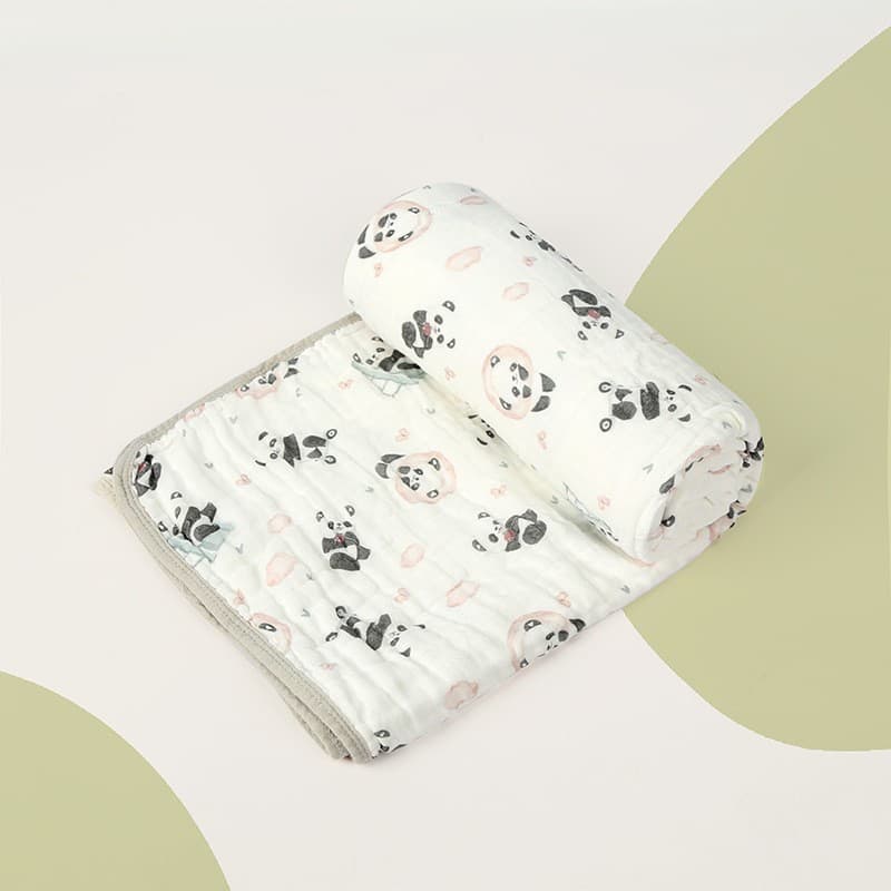 Prosop de baie din bumbac si tifon pentru Bebelusi, Flippy, cu Sase Straturi, pentru Copii, 110x110 cm, Model Panda, Bej
