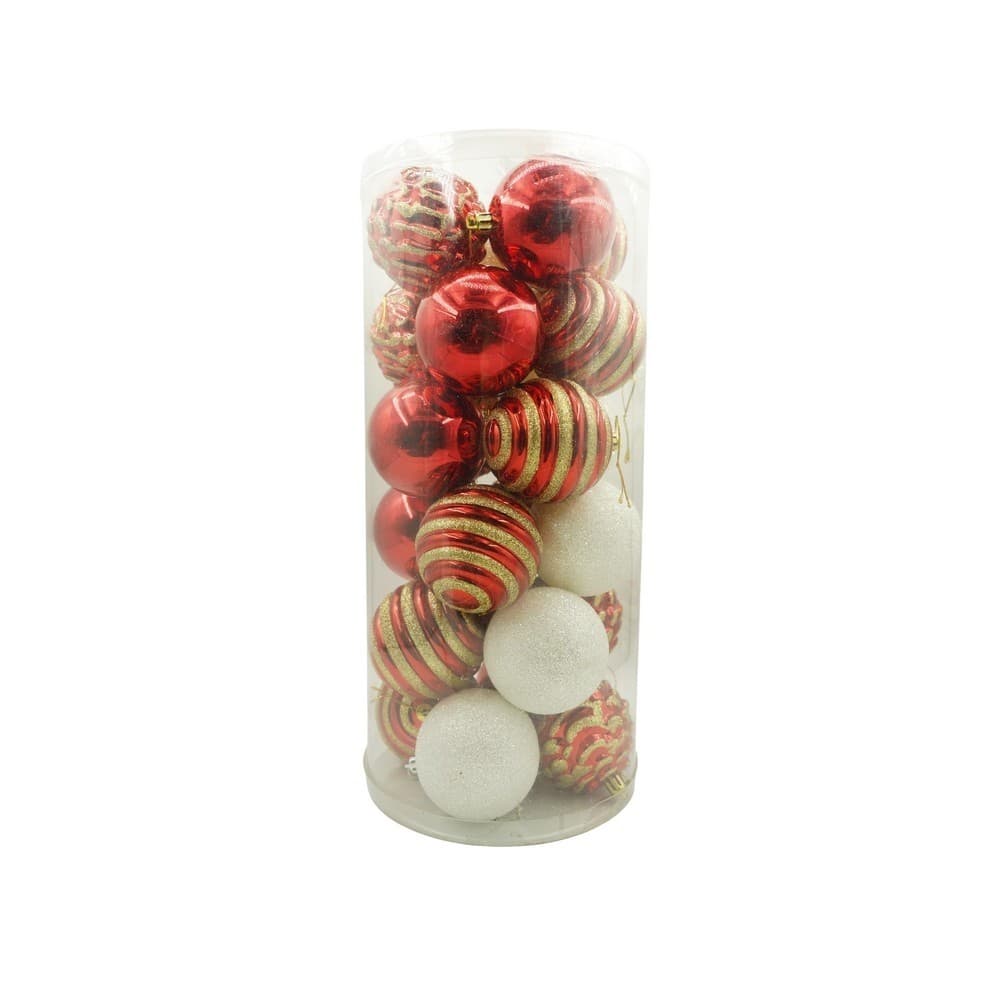 Set de 24 ornamente de brad, Flippy, de tip Glob, Alb/ Rosu, cu ø de 7 cm, din plastic, cu finisaj sclipitor , cutie 16 cm