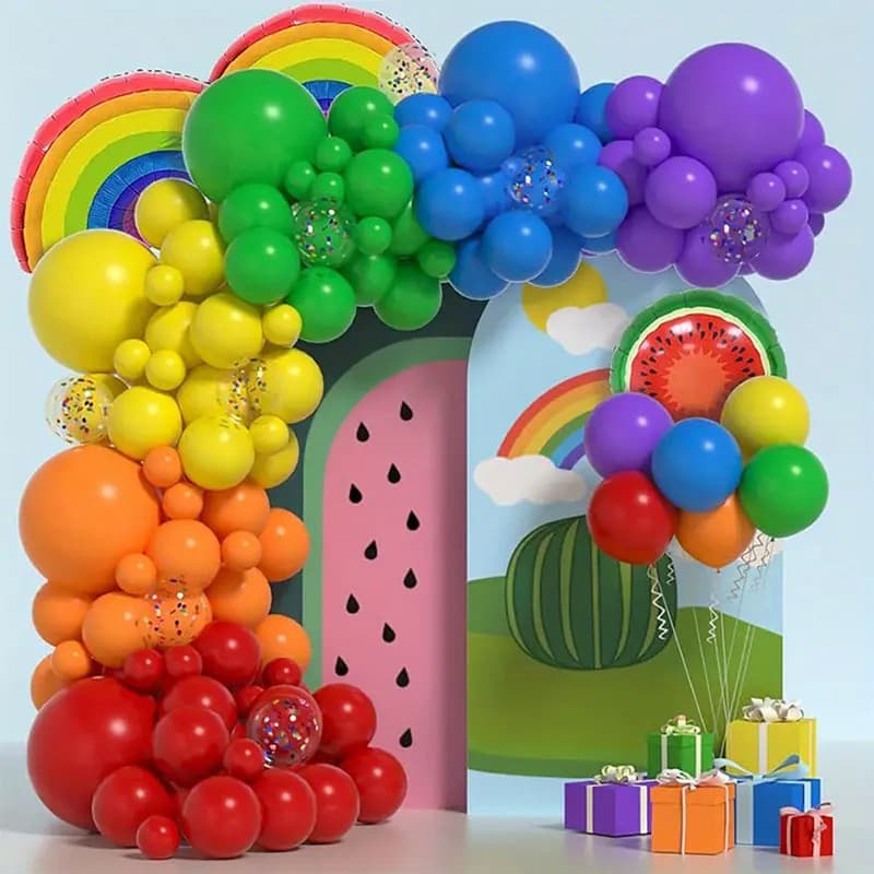 Baloane decorative pentru PETRECERE, Flippy, Arcada Set MIX din 107 baloane, pentru Evenimente, Aniversari, Model Curcubeu