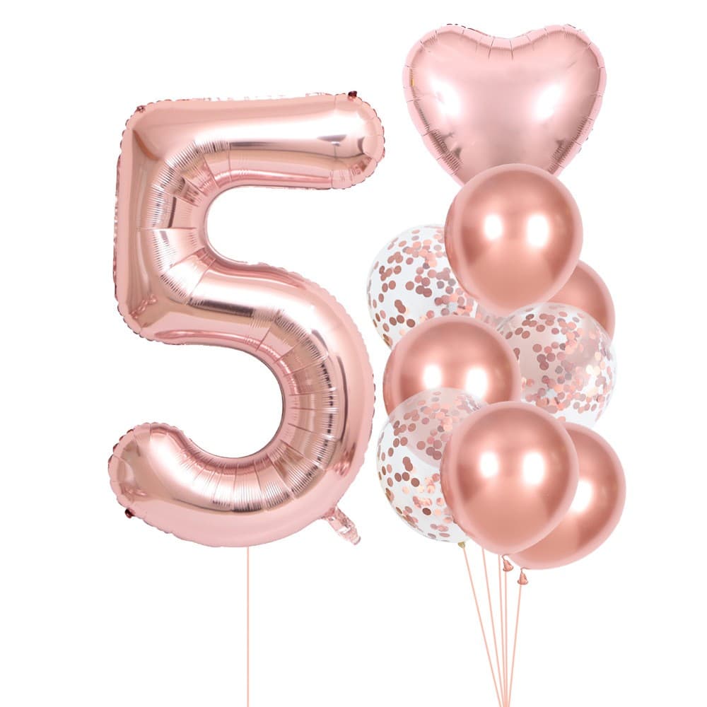 Set 10 Baloane Folie si Latex, Flippy, Tematica Aniversare, Baloane Latex 25cm, Figurina Inimioara 45 cm, Cifra 5 de 81 cm, Ambalaj Individual, Pai Inclus, Umflare cu Aer sau Heliu, Roz Pal