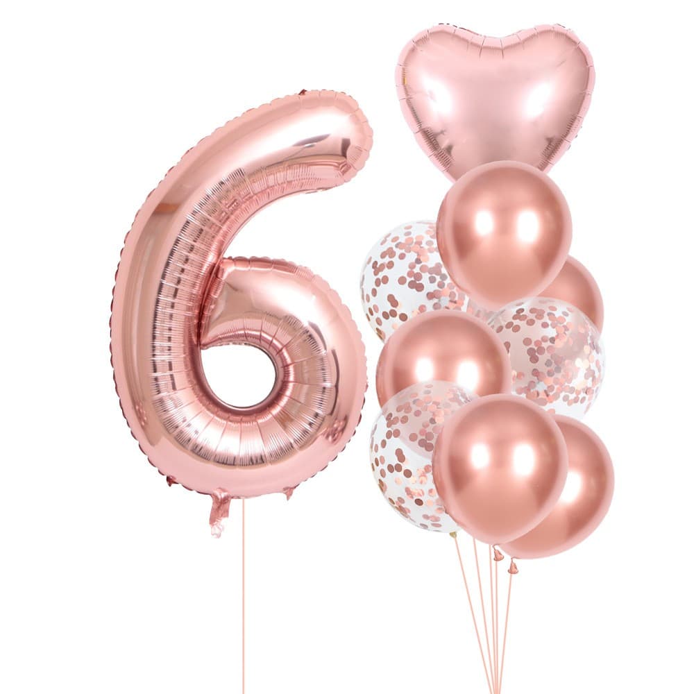 Set 10 Baloane Folie si Latex, Flippy, Tematica Aniversare, Baloane Latex 25cm, Figurina Inimioara 45 cm, Cifra 6 de 81 cm, Ambalaj Individual, Pai Inclus, Umflare cu Aer sau Heliu, Roz Pal