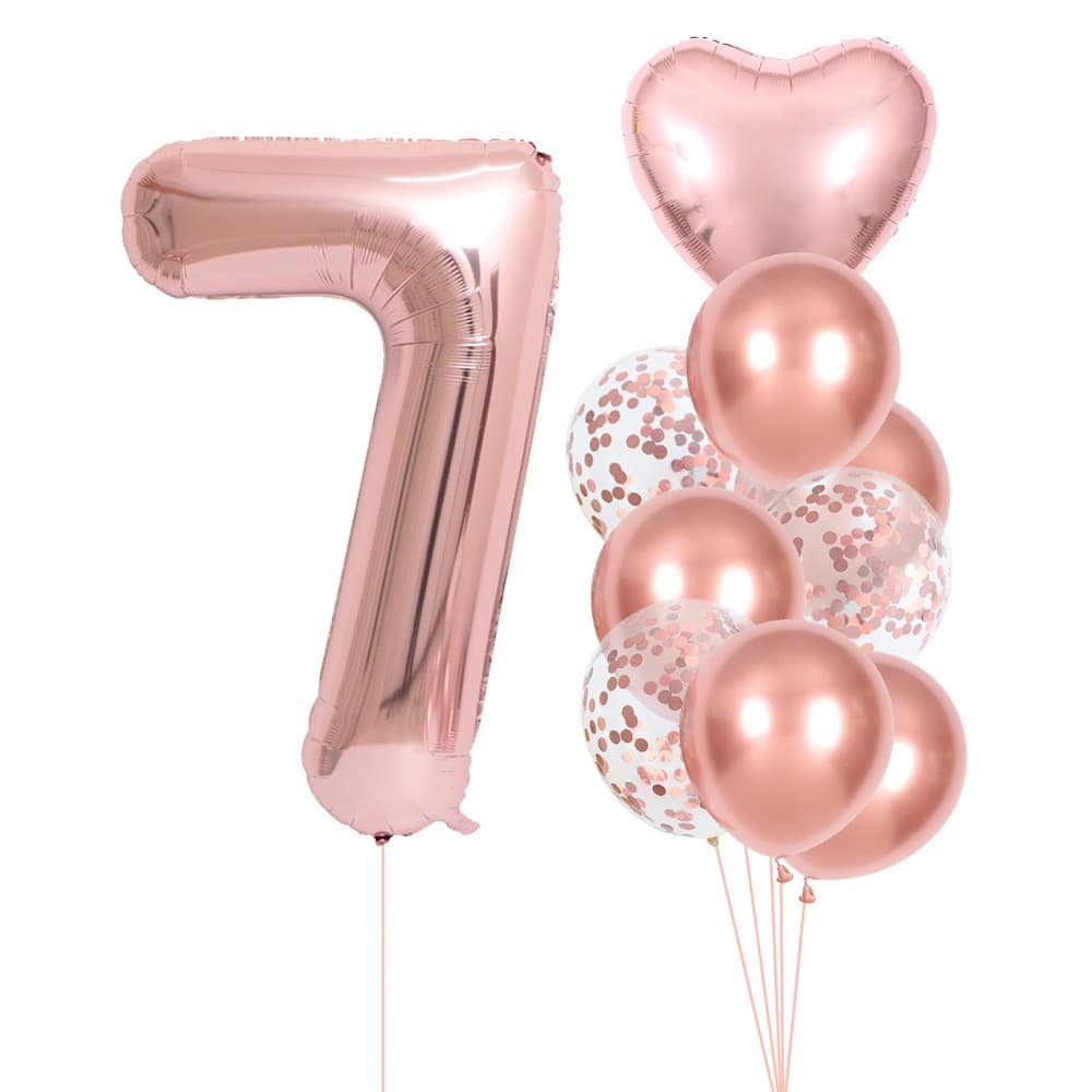 Set 10 Baloane Folie si Latex, Flippy, Tematica Aniversare, Baloane Latex 25cm, Figurina Inimioara 45 cm, Cifra 7 de 81 cm, Ambalaj Individual, Pai Inclus, Umflare cu Aer sau Heliu, Roz Pal