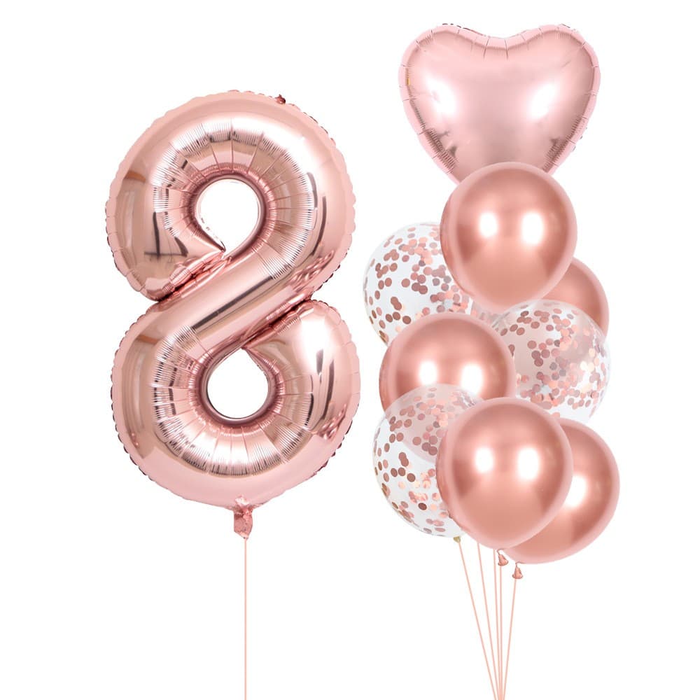 Set 10 Baloane Folie si Latex, Flippy, Tematica Aniversare, Baloane Latex 25cm, Figurina Inimioara 45 cm, Cifra 8 de 81 cm, Ambalaj Individual, Pai Inclus, Umflare cu Aer sau Heliu, Roz Pal