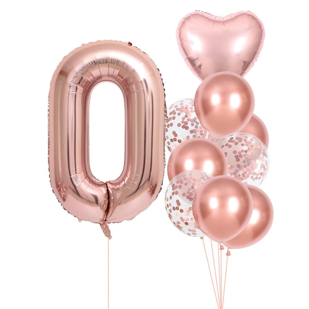 Set 10 Baloane Folie si Latex, Flippy, Tematica Aniversare, Baloane Latex 25cm, Figurina Inimioara 45 cm, Cifra 0 de 81 cm, Ambalaj Individual, Pai Inclus, Umflare cu Aer sau Heliu, Roz Pal