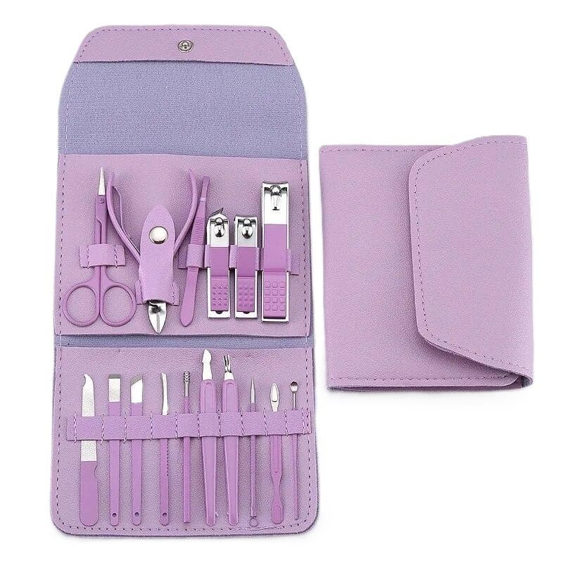 Set 16 Piese de Ingrijire Cosmetica, Flippy, pentru Manichiura, Pedichiura, Fata, Geanta Organizatoare din Piele Ecologica Inclusa, Mov