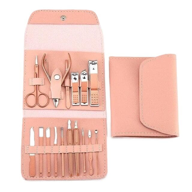 Set 16 Piese de Ingrijire Cosmetica, Flippy, pentru Manichiura, Pedichiura, Fata, Geanta Organizatoare din Piele Ecologica
