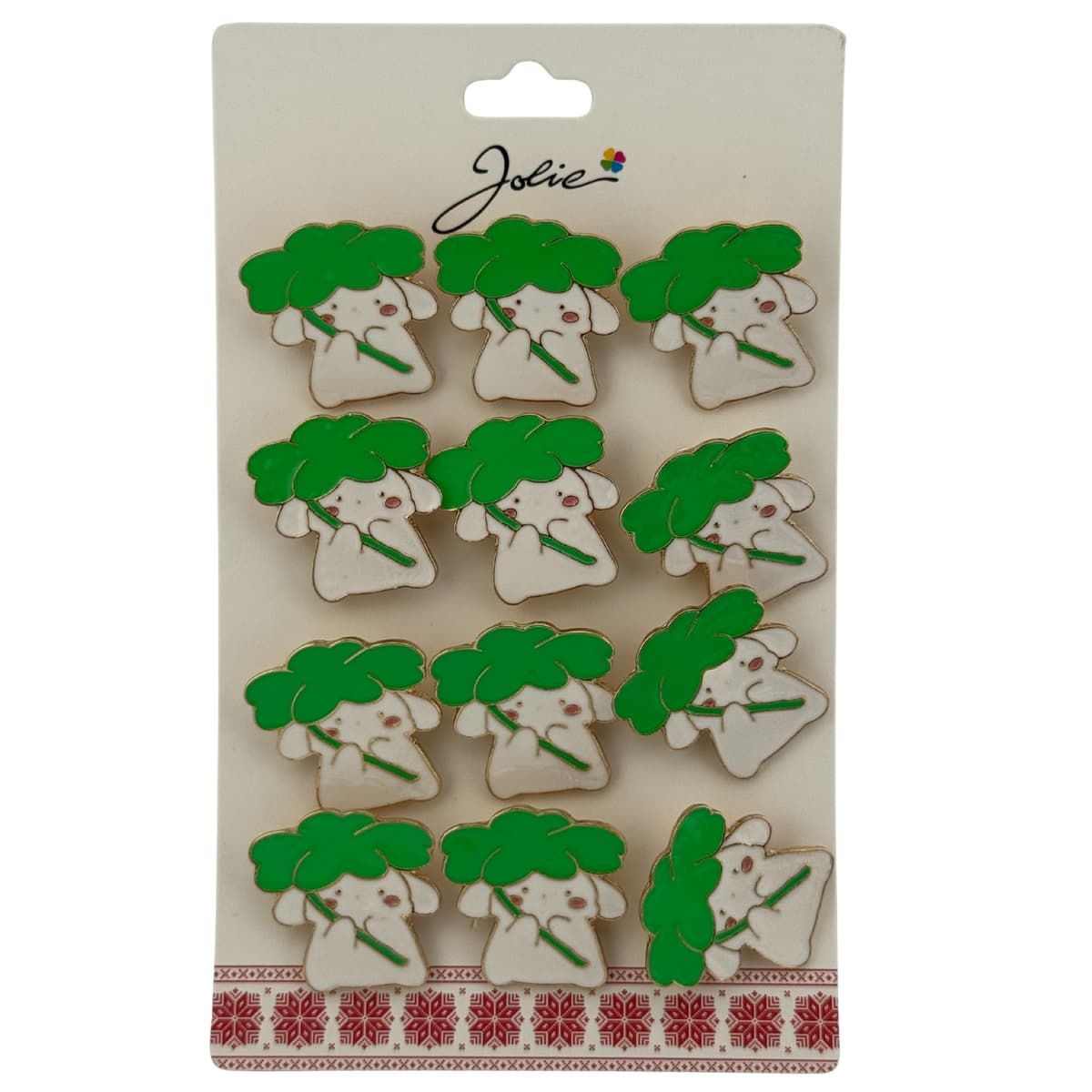 Set 12 Brose Martisor pentru Copii, Jolie, Model Iepure sub Trifoi, Alb Verde