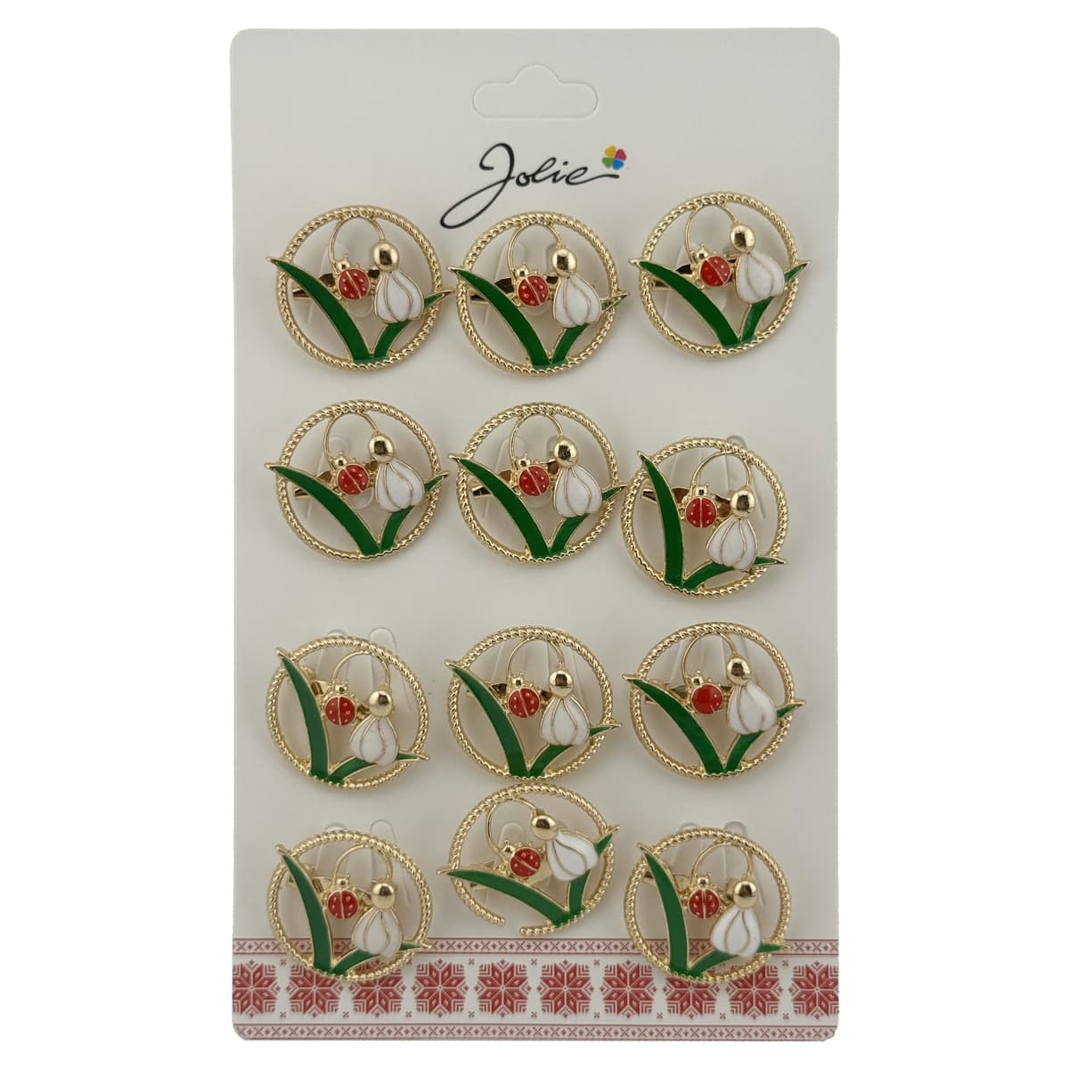 Set 12 Brose Martisor Primavara Ghiocel cu Buburuza in Cerc, Jolie, Brose din Metal, Aspect Lacuit, 2 x 2 cm per Unitate, Verde/Alb