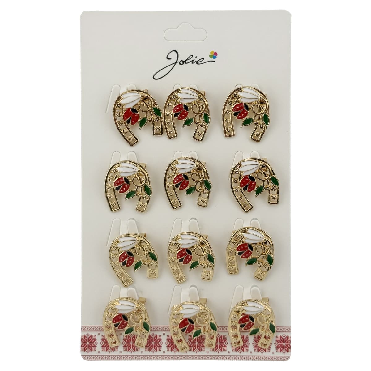 Set 12 Brose Martisor Primavara Potcoava cu Ghiocel si Buburuza, Jolie, Brose din Metal, Aspect Lacuit, 2 x 2 cm per Unitate, Auriu