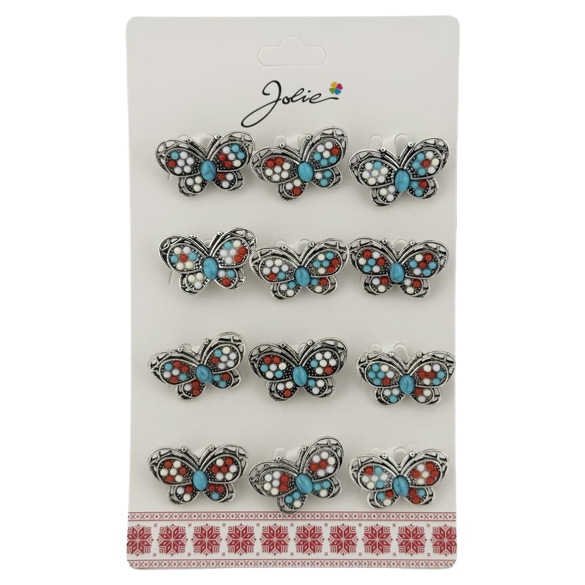 Brose Martisor Primavara, Jolie, Set 12 Bucati, Model Fluture cu Pietre, Brosa din Metal, 3 x 2 cm per Bucata, Argintiu