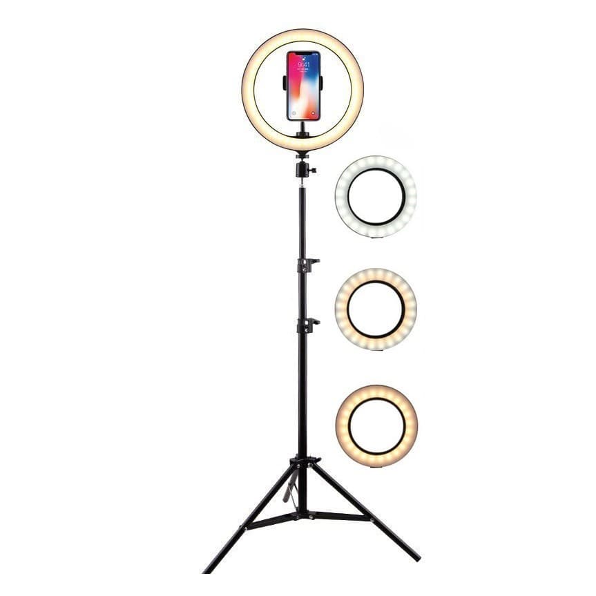 Lampa LED Circulara cu Trepied Metalic Extensibil, Flippy, Rotativa 360 de Grade, Lungime Extensie 210 cm, Diametru Lampa 26