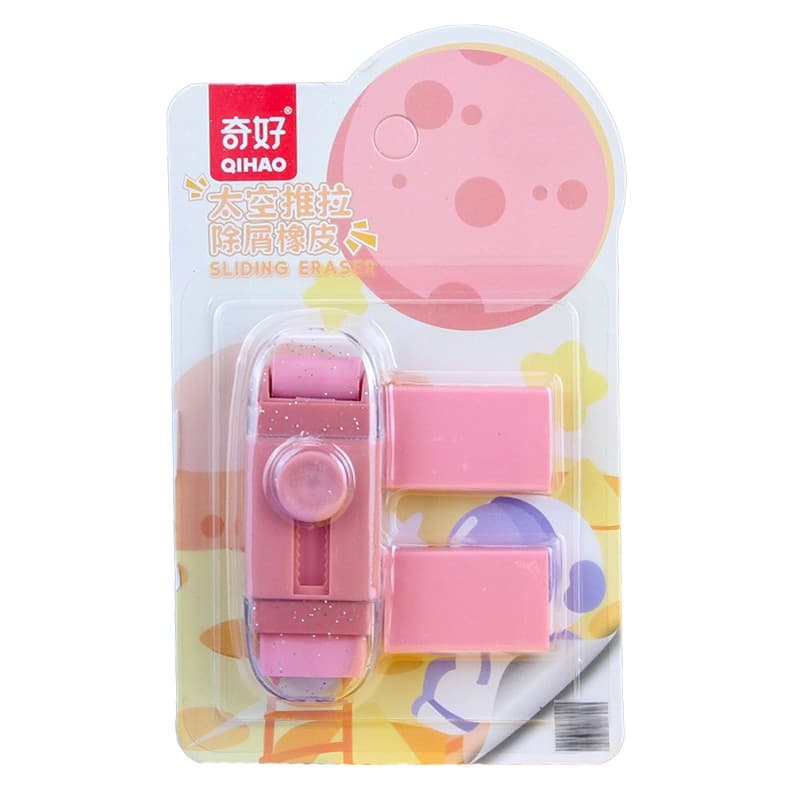 Radiera Retractabila, Flippy, Model Astronaut Push-Pull pentru elevii, Radiera de tip Push, Doua Radiere de Rezerva in set
