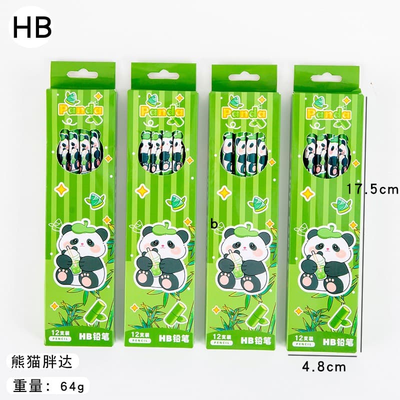 Set 12 Creioane Negre, Flippy, 2B, pentru Elevi Scoala, cu Radiera, Model Verde cu Panda
