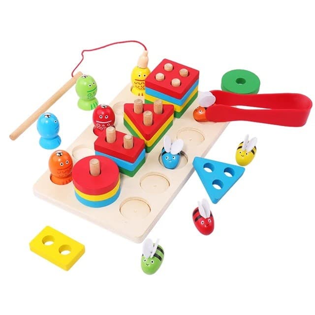 Jucarie Montesorii de Sortat si Pescuit, Flippy, din Lemn, +3 Ani, cu Magnet, Model Forme Geometrice, Pestisori si Albinute