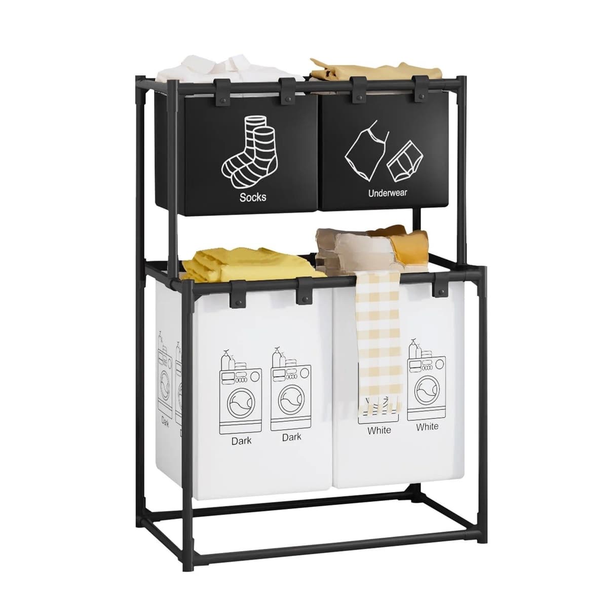 Cos de Rufe, Flippy, cu 2 Etaje, 4 Cosuri, Cadru de Otel Inoxidabil, 97x44x57 cm, Negru