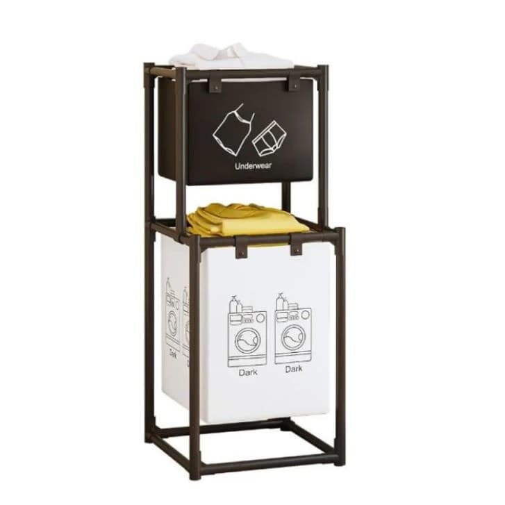 Cos de Rufe, Flippy, cu 2 Etaje, 2 Cosuri, Cadru de Otel Inoxidabil, 97x44x31 cm, Negru