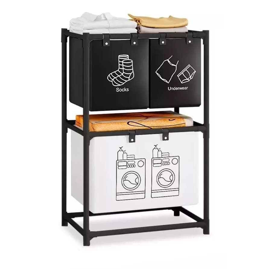 Cos de Rufe, Flippy, cu 2 Etaje, 3 Cosuri, Cadru de Otel Inoxidabil, 97x28x57 cm, Negru