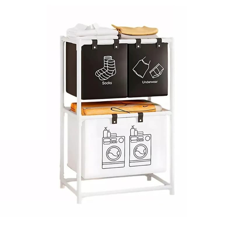 Cos de Rufe, Flippy, cu 2 Etaje, 3 Cosuri, Cadru de Otel Inoxidabil, 97x28x57 cm, Alb