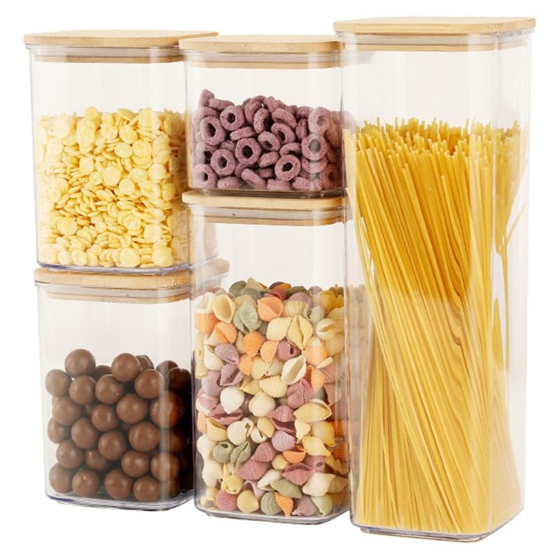 Cutii de Depozitare Alimente, Flippy, Set din 5 Cutii de tip Container, Cutii pentru Cereale, din Plastic, Capac din Bambuc