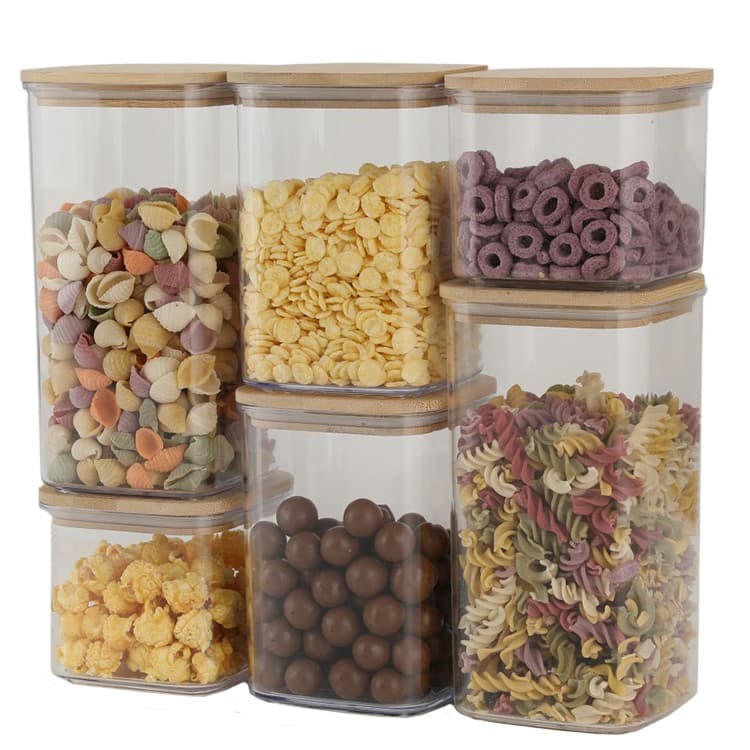 Cutii de Depozitare Alimente, Flippy, Set din 6 Cutii de tip Container, Cutii pentru Cereale, din Plastic, Capac din Bambuc