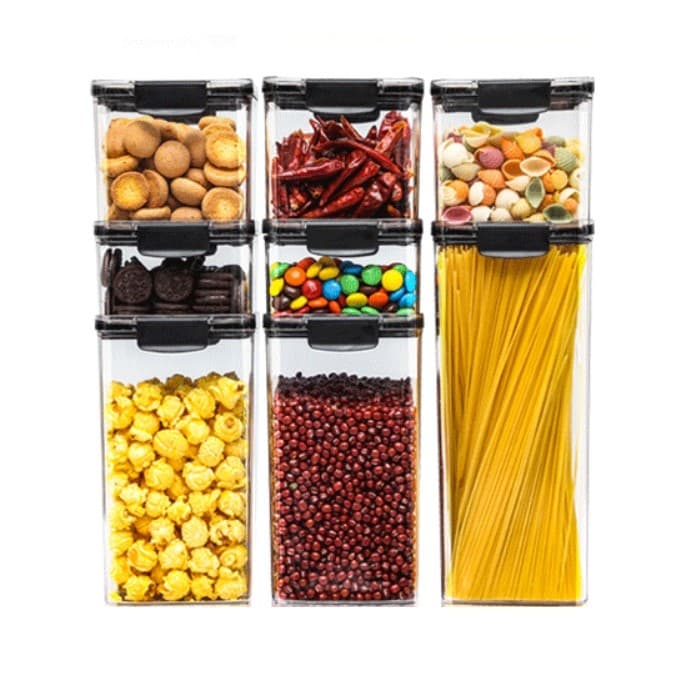 Set 8 Recipiente din Plastic, Flippy, pentru Alimente/Obiecte, Inchidere Ermetica, 2 x 460 ml, 3 x 700 ml, 2 x 1300 ml, 1 x
