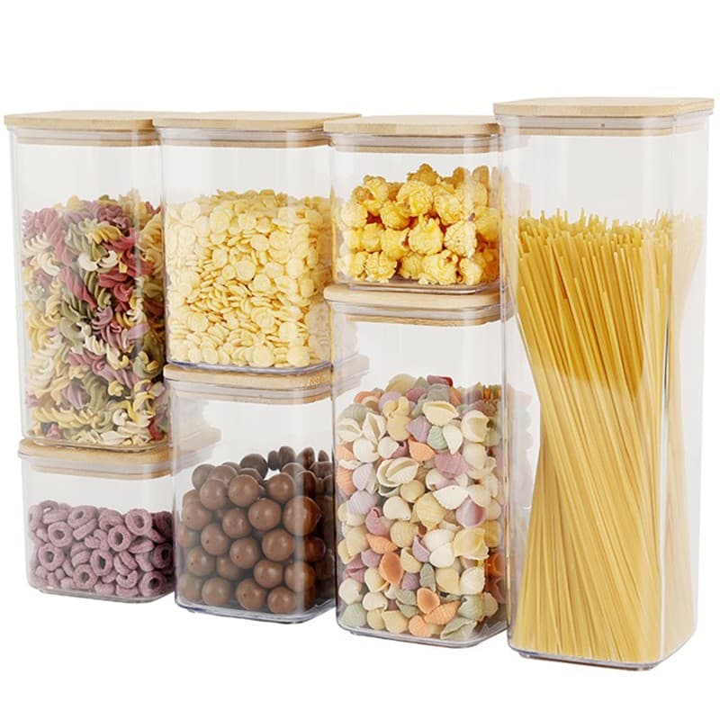 Cutii de Depozitare Alimente, Flippy, Set din 7 Cutii de tip Container, Cutii pentru Cereale, din Plastic, Capac din Bambuc