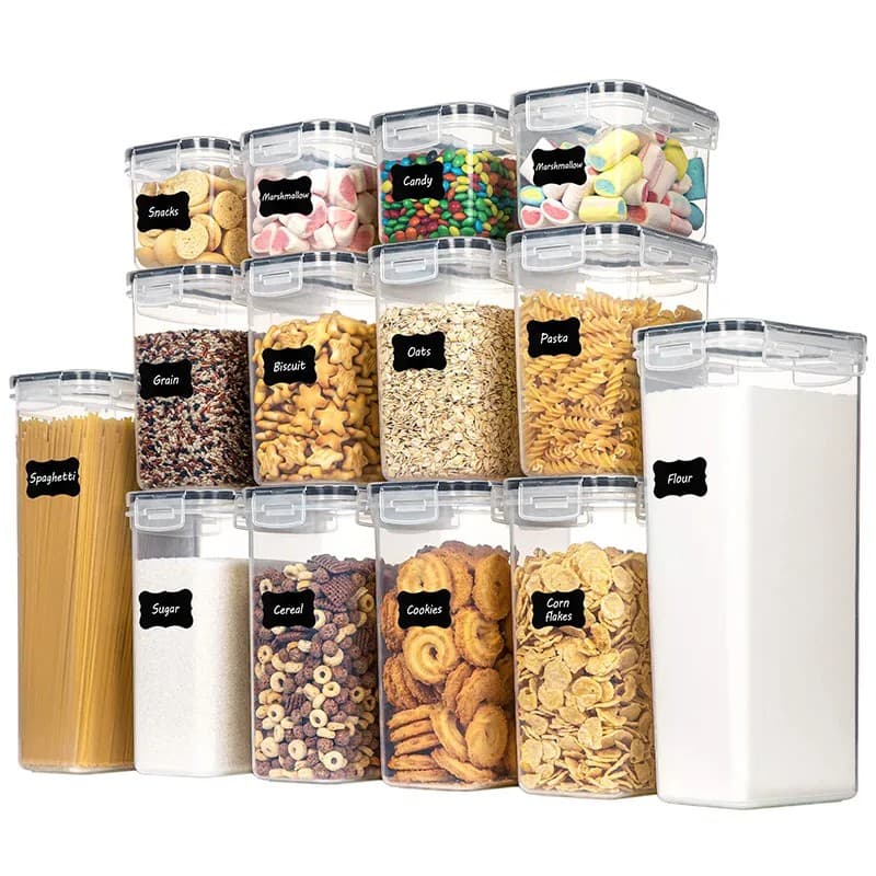 Cutii de depozitare alimente, Flippy, Set din 14 Cutii pentru Condimente, Cereale, Cutii pentru Bucatarie, din Plastic PP